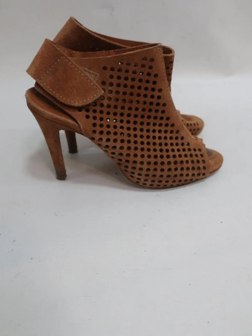 Womens Pedro Garcia Brown Sofia Perforated Suede Peep Toe Booties 37.5 US/7.5